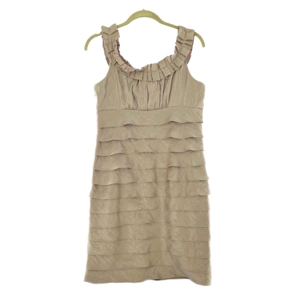 Jessica Howard Tiered Ruffle Beige Sleeveless Dress‎ 10 Lined Neutral Party Gold
